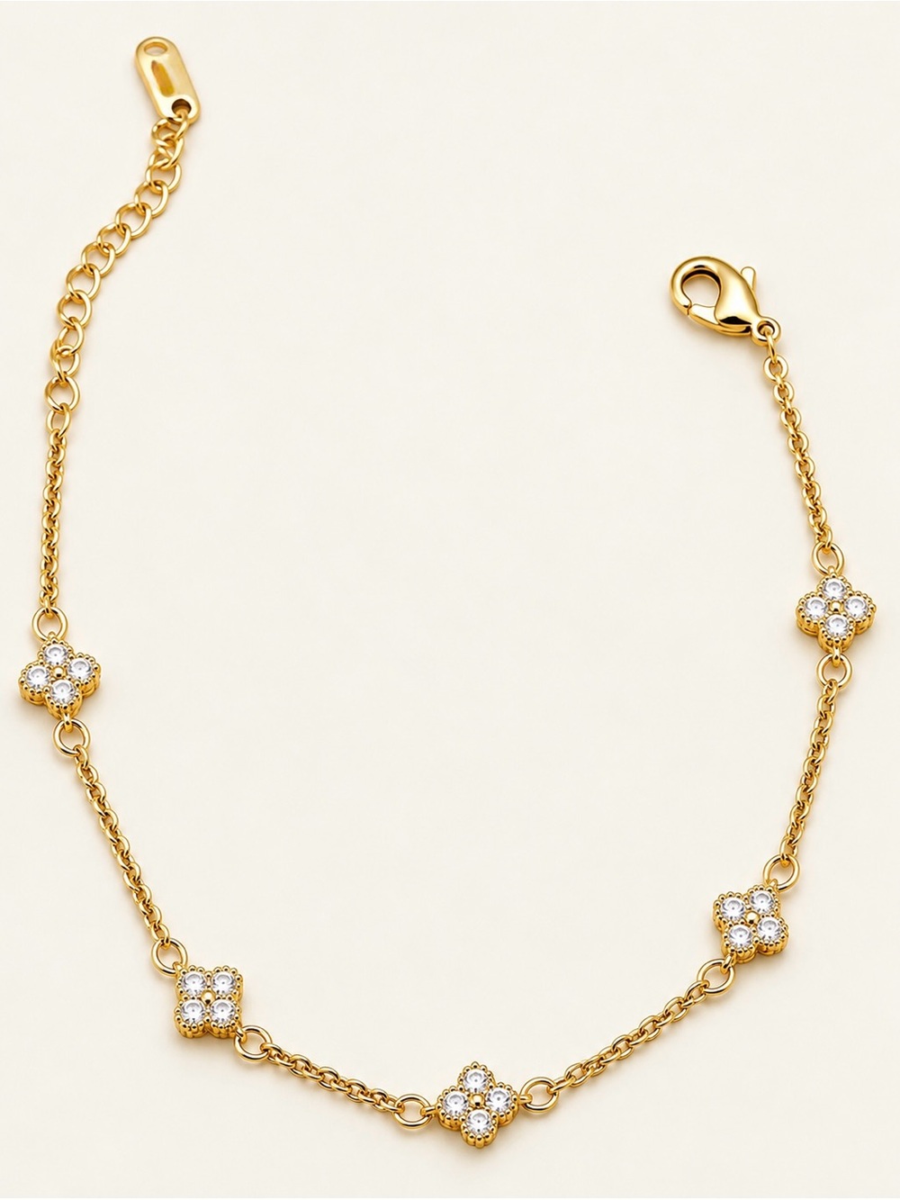 14K Gold Plated Petite Clover Bracelet CZ Floral Charm Adjustable Chain 5 Motif